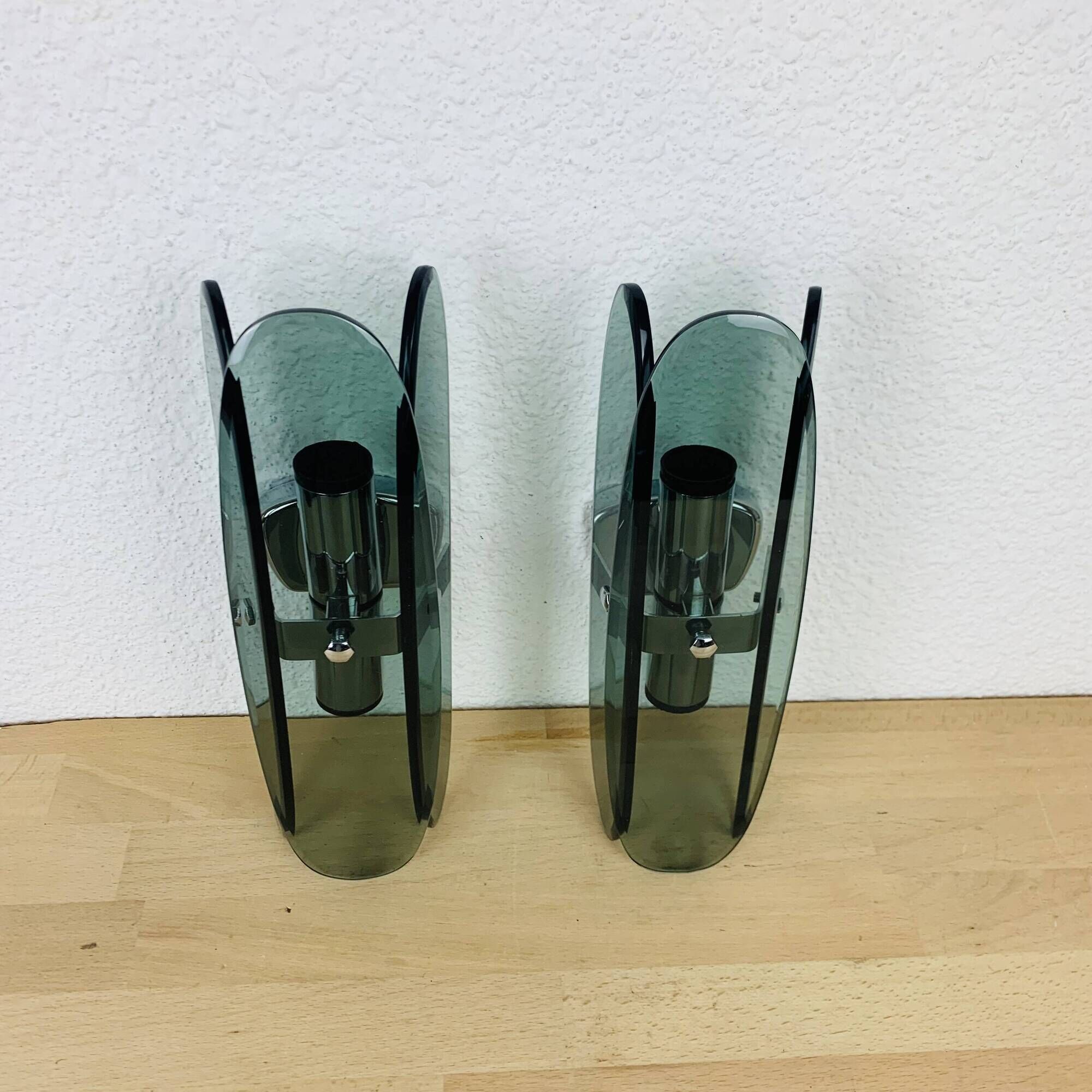 Pair of 70s smoked glass chrome wall lights