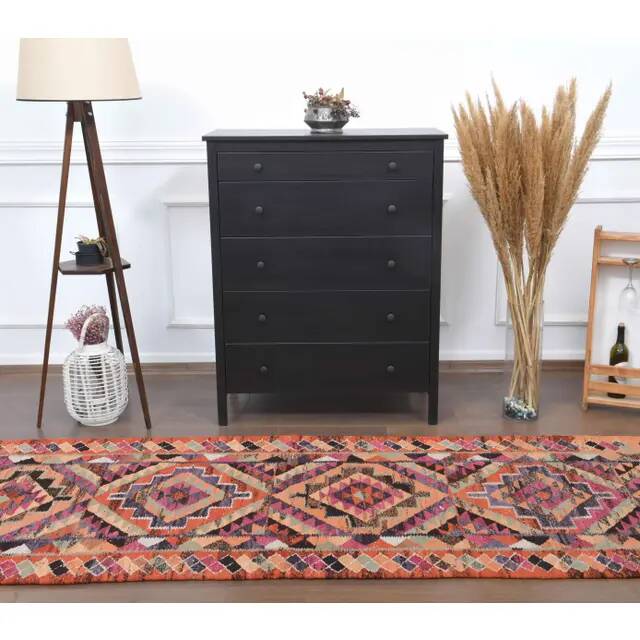 1970s Vintage Turkish Hand-Knotted Wool Cotton Orange Runner Rug 100x322