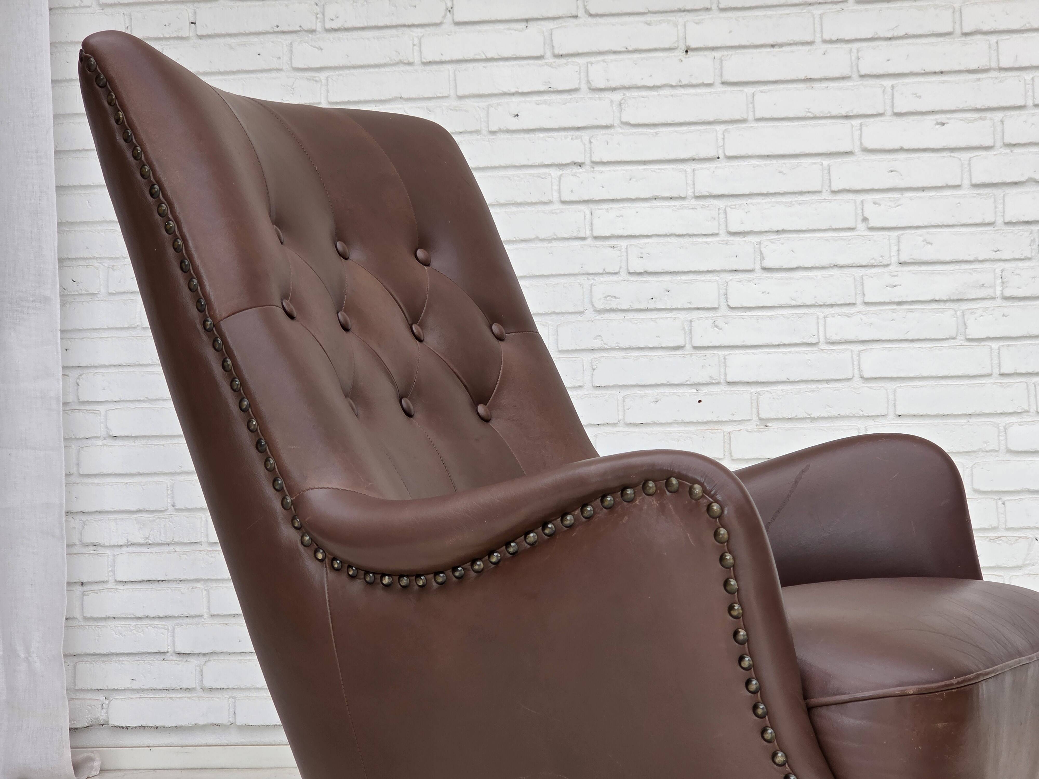 1970s, Danish armchair, original brown furniture leather.