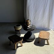 Small stool, rectangular rounded solid teak side table.