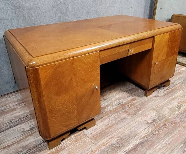 Bureau de centre double face époque Art Déco en parquèterie vers 1940