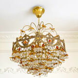 Lustre vintage exceptionnel en cristal style Murano orange, laiton, 5