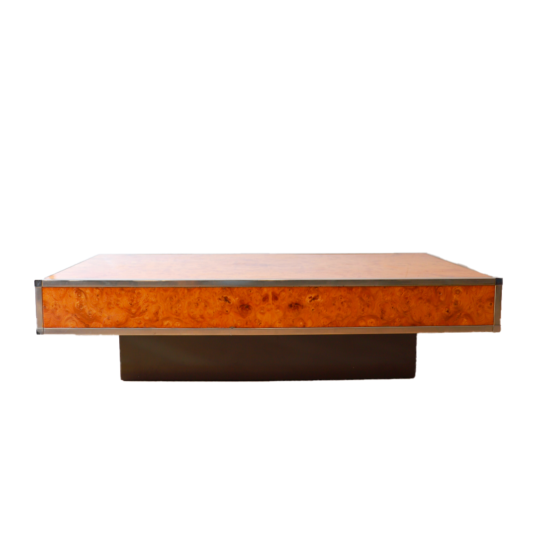 table basse en loupe d'orme avec bords chromés