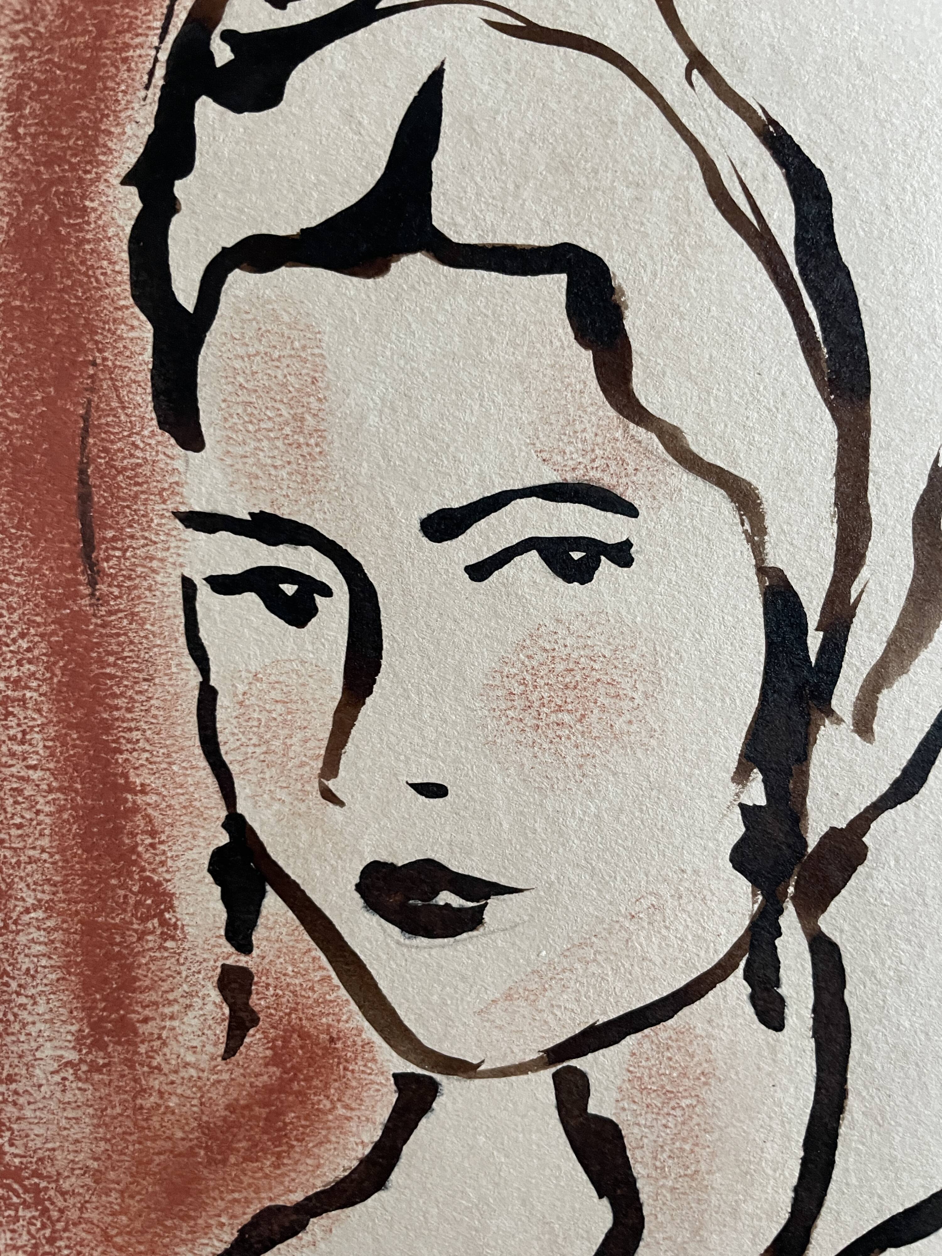 Painting signed Indian ink and pastel female portrait “study with headdress”