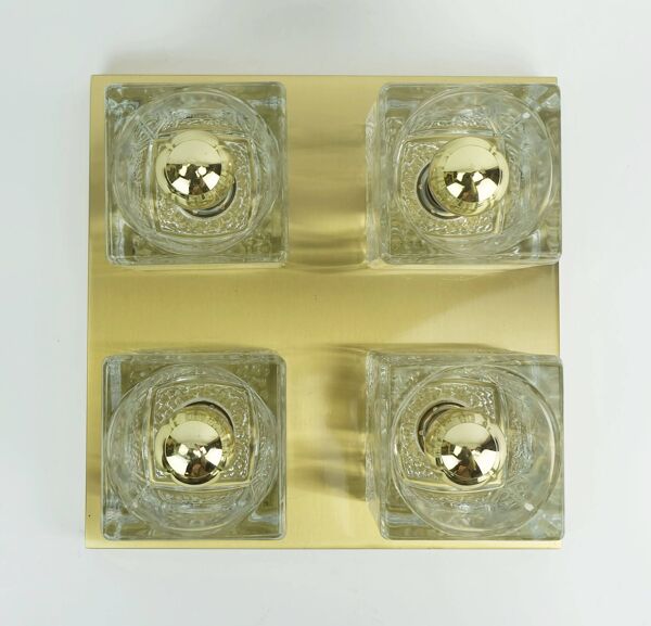 Plafonnier Peill & Putzler en laiton du milieu du siècle avec 4 cubes en verre, années 1960/70
