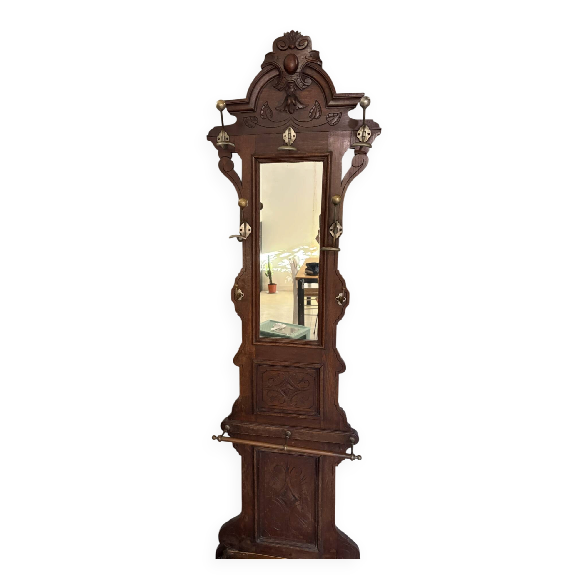 Antique oak carved coat stand, mirror and umbrella stand — late 19th century