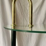 Old designer side table in tempered glass and black and gold metal
