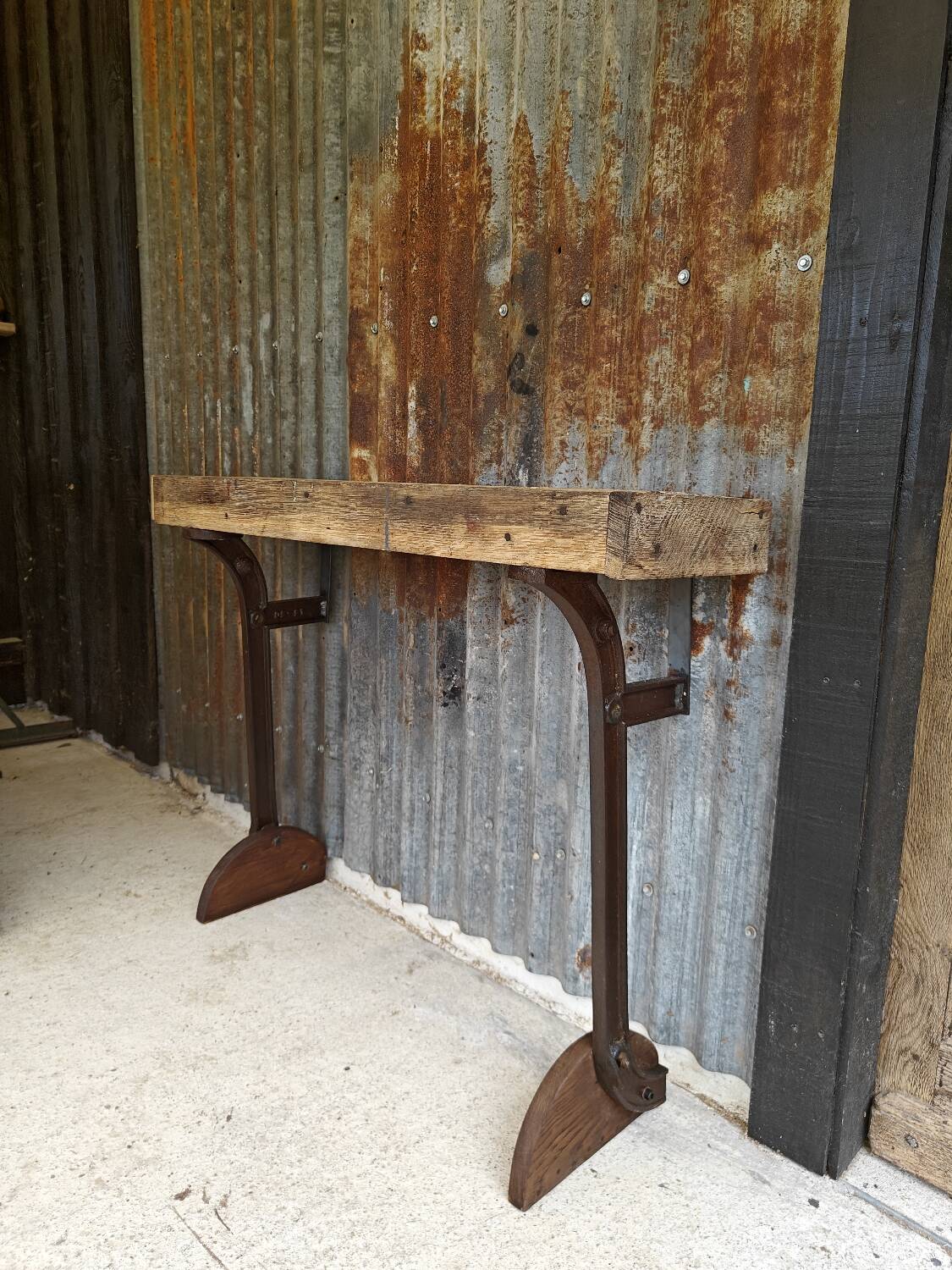 Wooden and cast iron workbench console