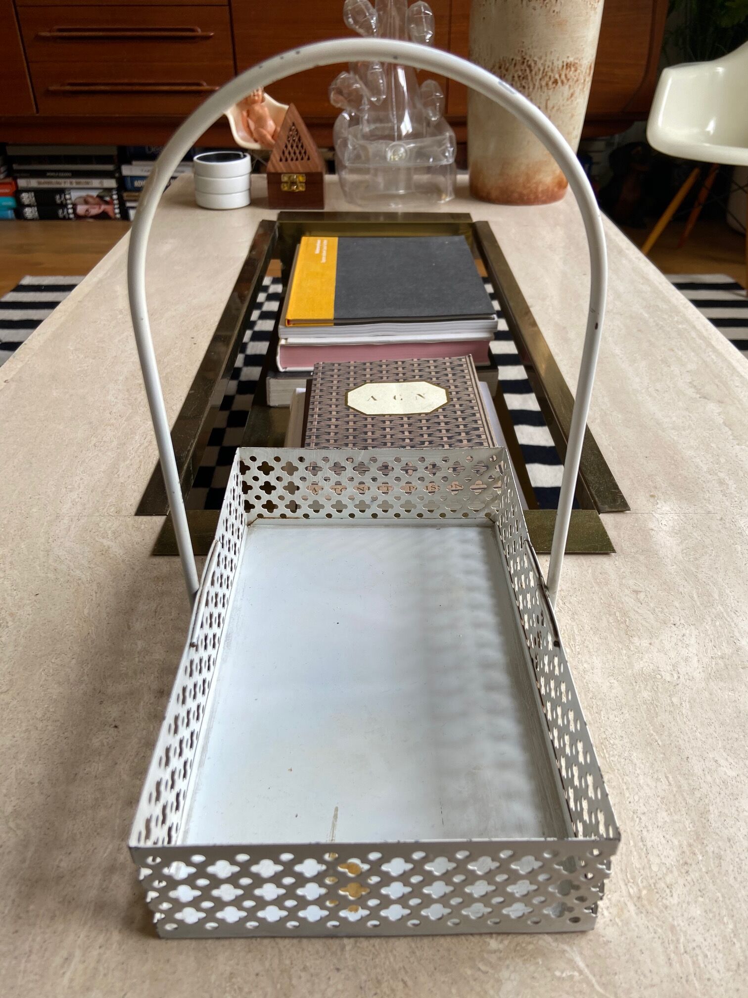 White perforated metal table basket