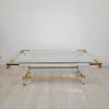 Table basse carrée en laiton, lucite et verre, Hollywood Regency