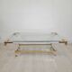 Square coffee table in brass, lucite and glass hollywood regency