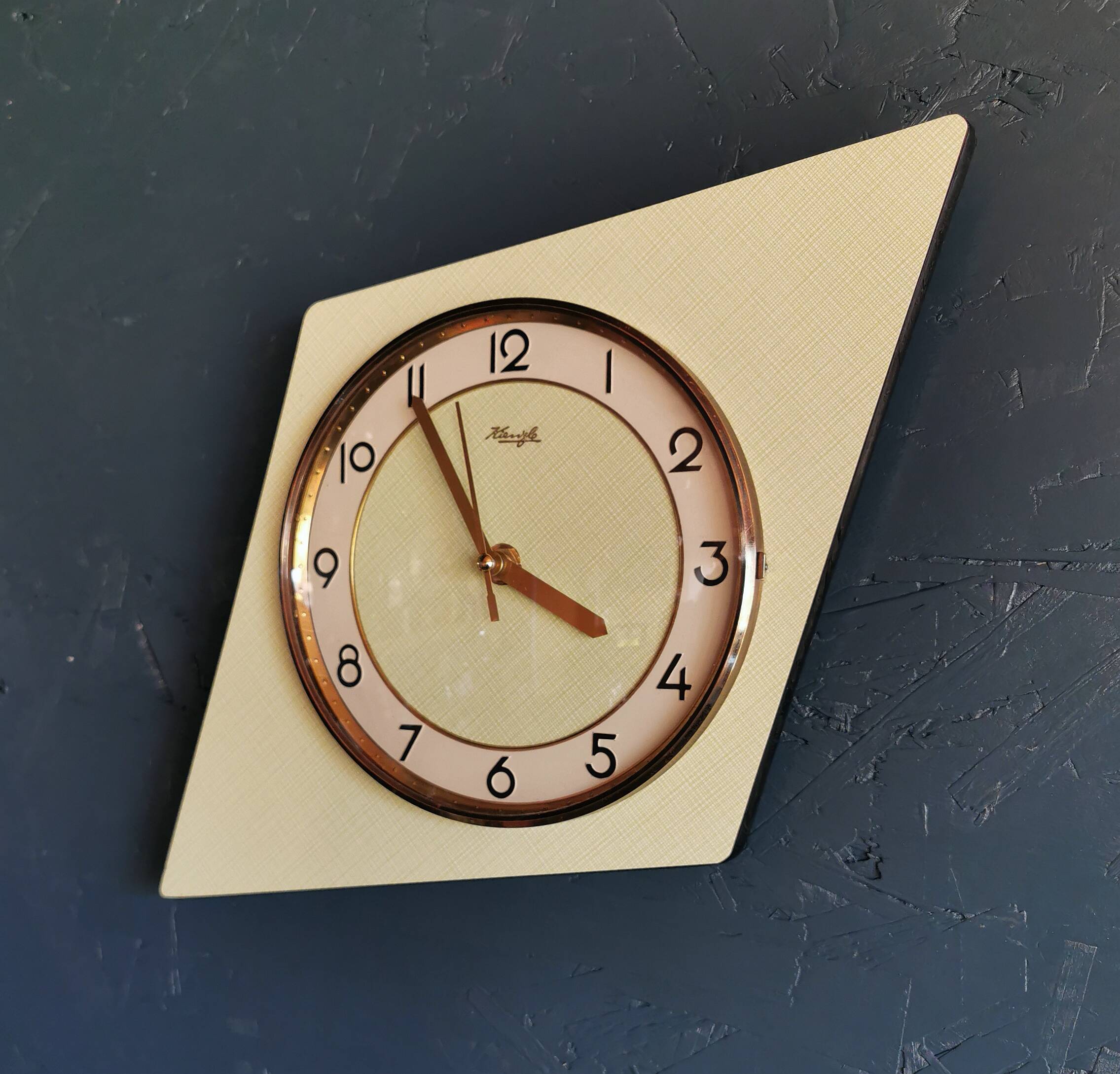 Vintage formica clock silent asymmetrical wall pendulum "Kienzle green"