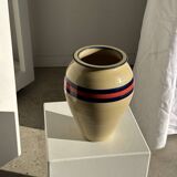 Large beige vase with blue and pink trim H27 D21