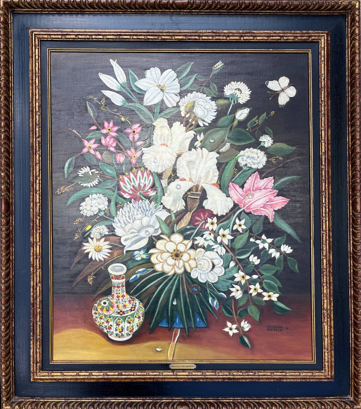 Pendant Gd Tableaux HST "Bouquet of flowers" signed Germaine Michelet + frame