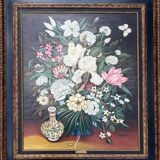 Pendant Gd Tableaux HST "Bouquet of flowers" signed Germaine Michelet + frame
