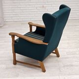 1970s, Danish highback armchair, furniture wool, solid oak wood.