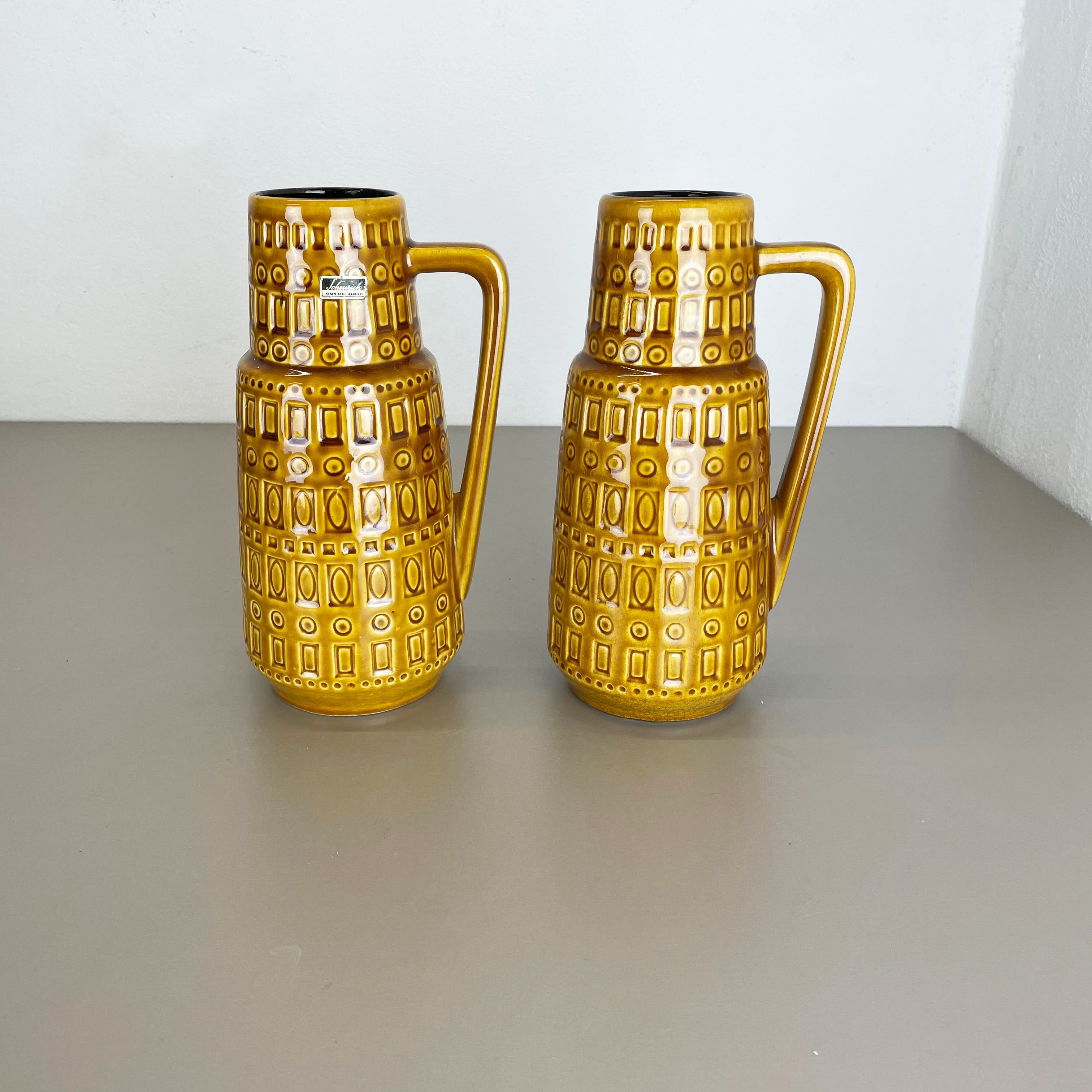 Set of Two Pottery Fat Lava Vases "ochre pattern" by Scheurich, Germany, 1970s