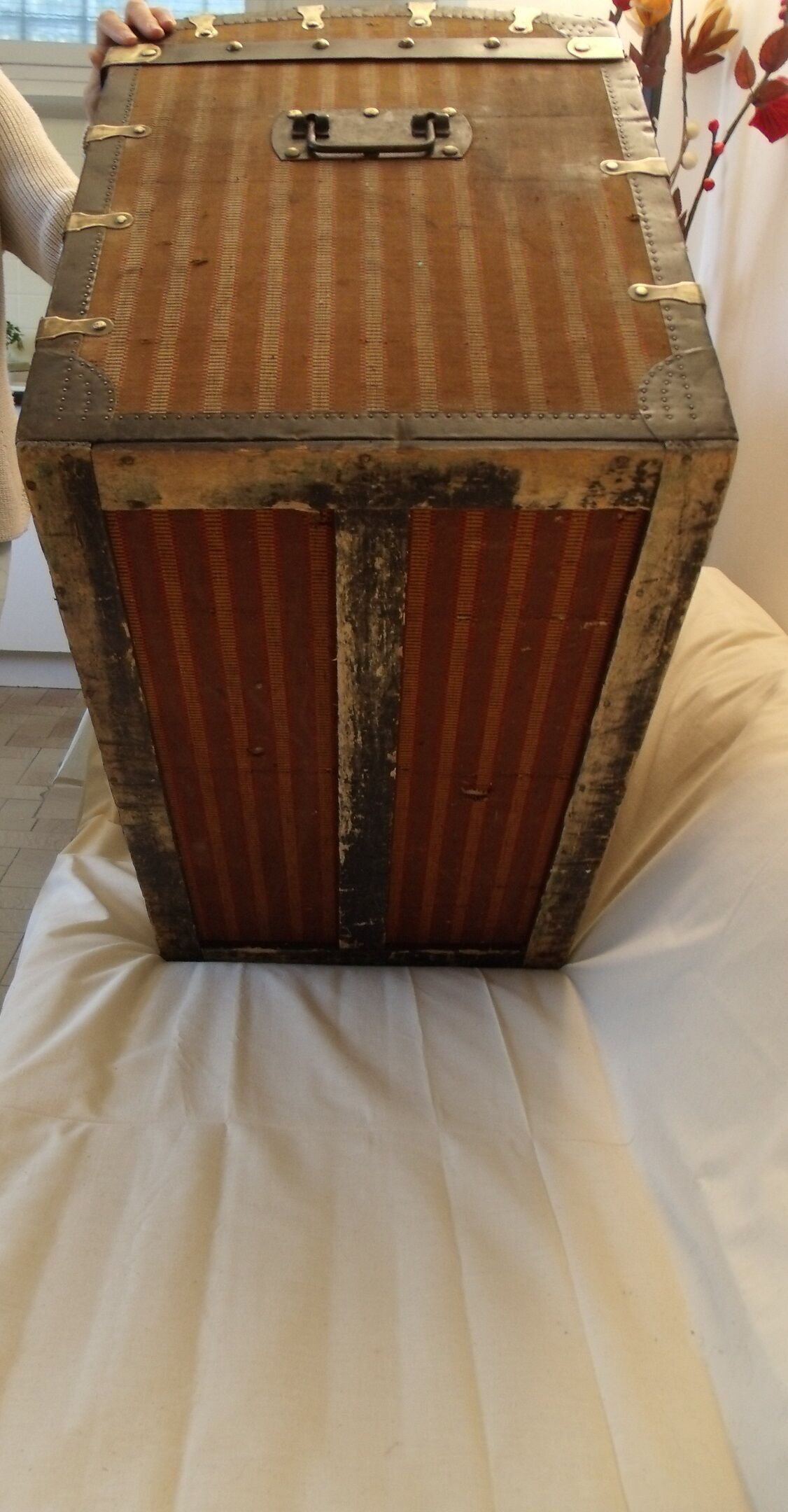 Curved trunk chest storage wood and canvas to scratches