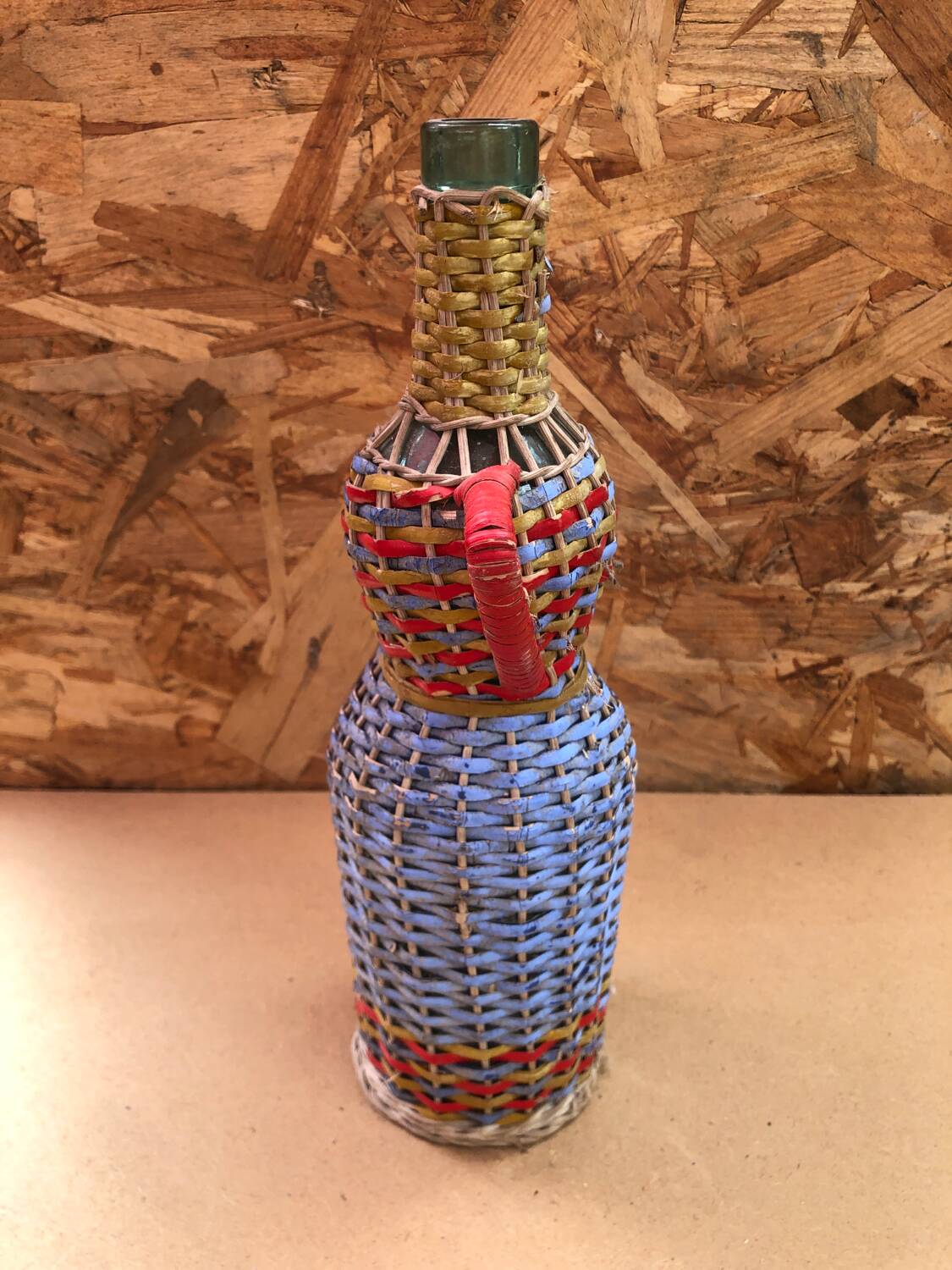 Old Lady Jeanne Bottle Glass + Rattan Woven Wicker Painted Vintage