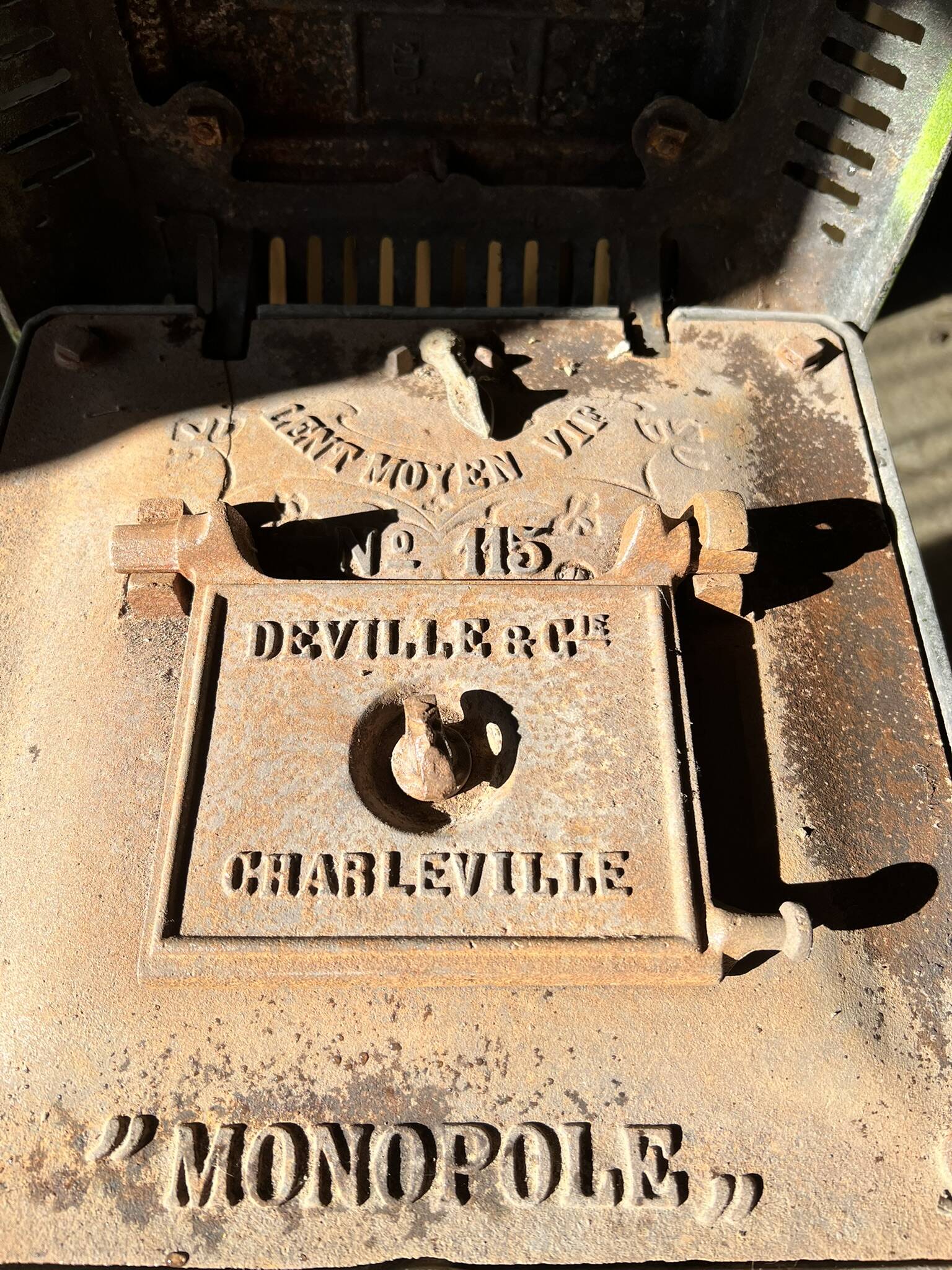Antique green enamelled cast iron frying pan "Monopole" – Devillé & Cie – Charleville