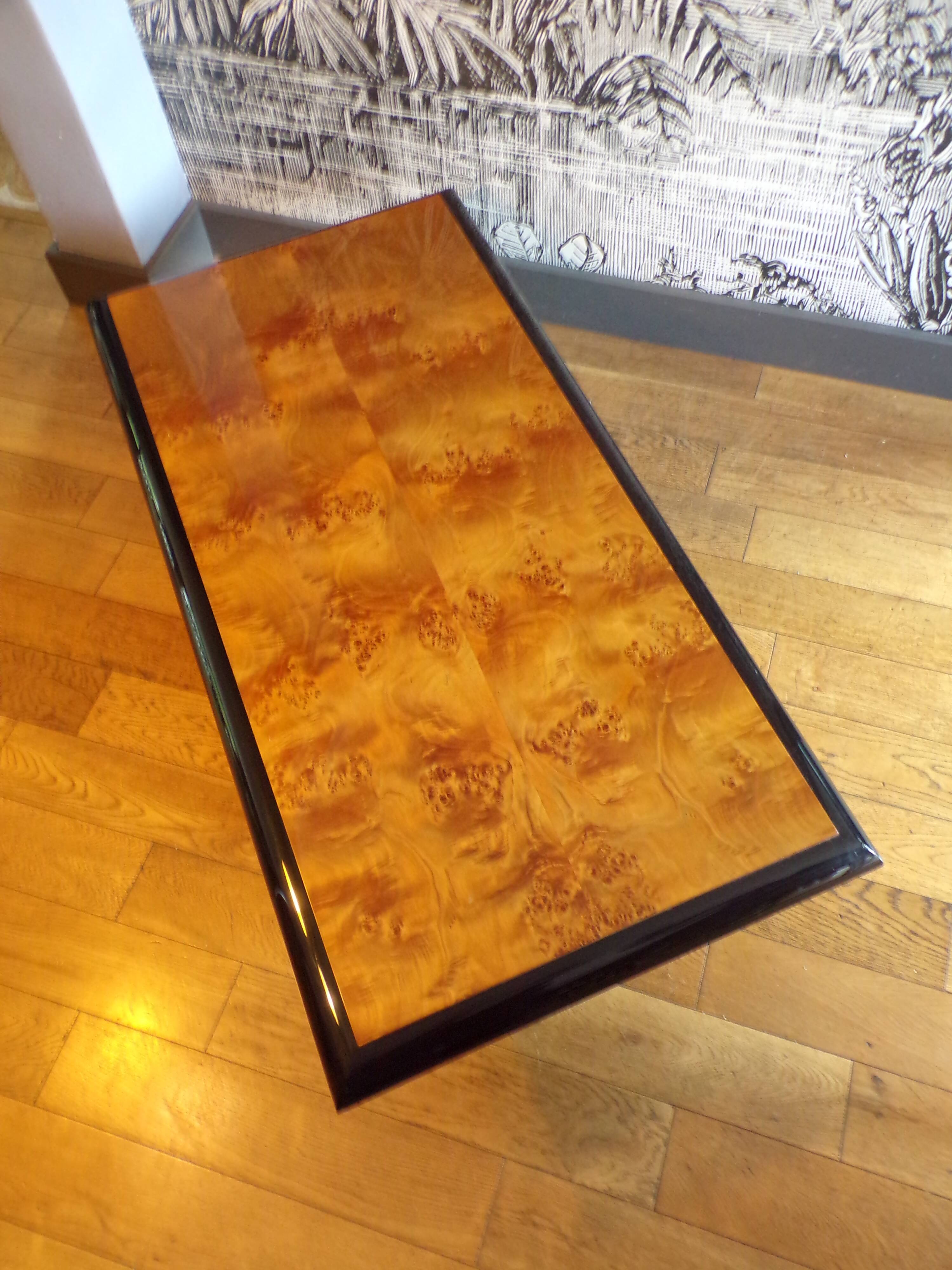 1970 coffee table in elm burl and lacquer