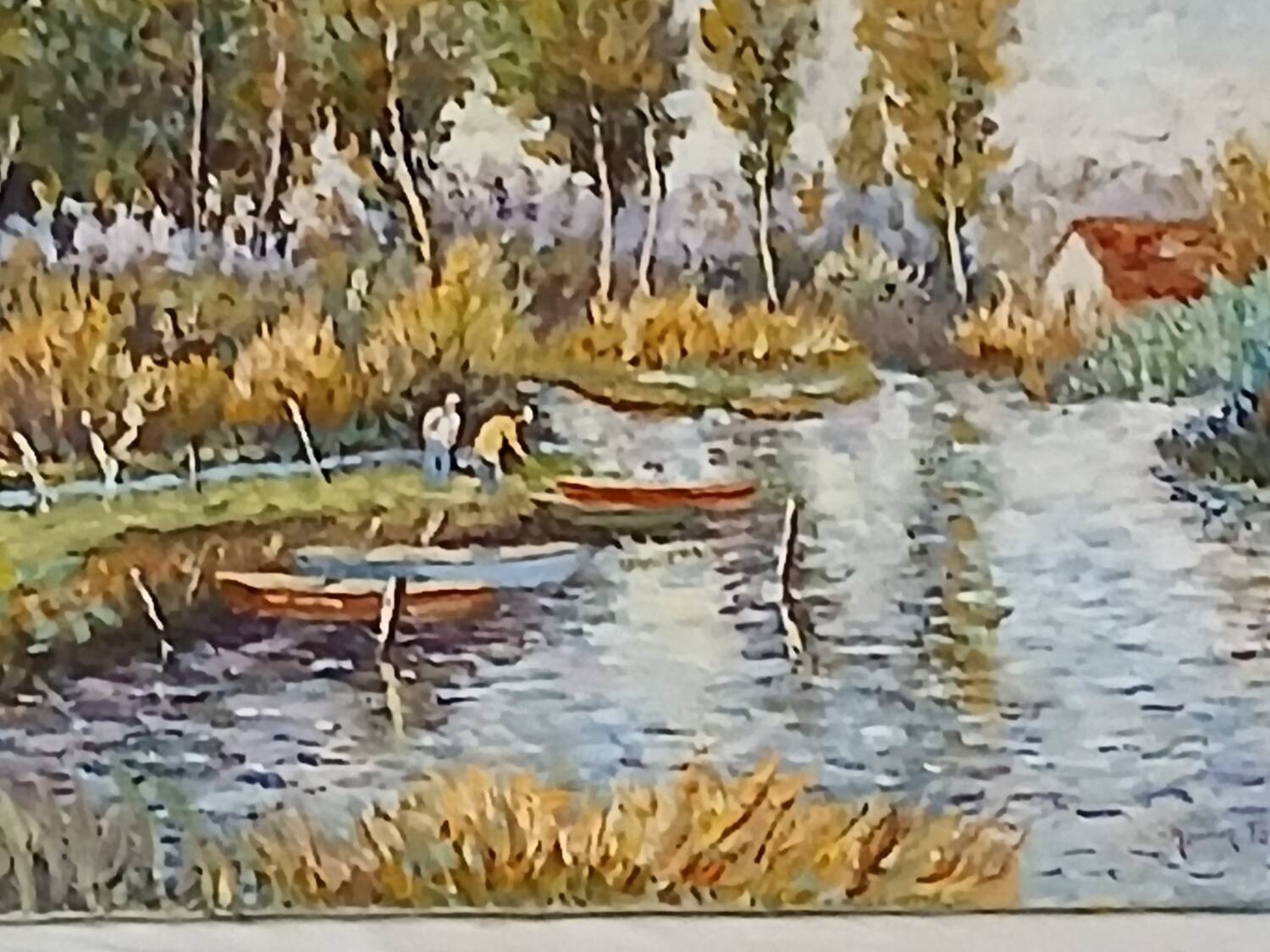 Old bucolic painting – Fishermen and poplars by the water
