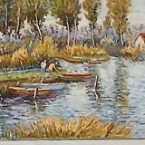 Old bucolic painting – Fishermen and poplars by the water