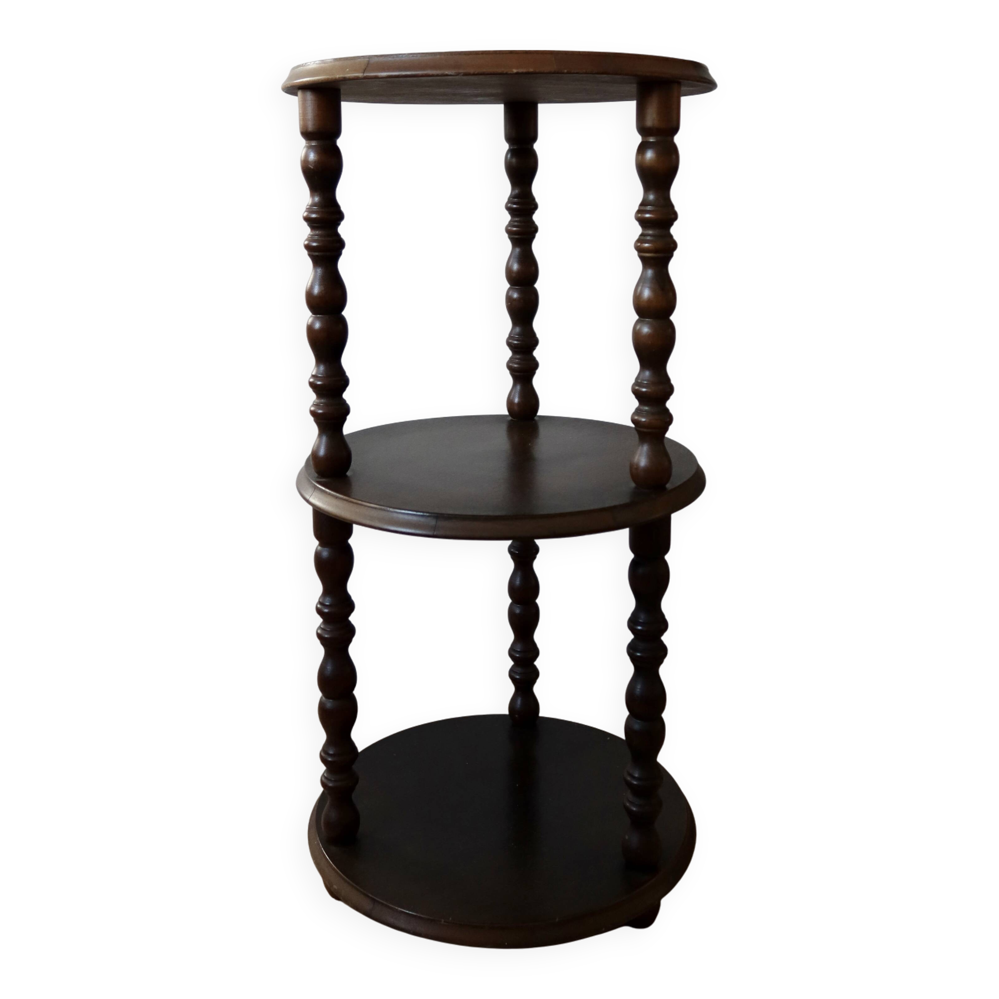 Table d'appoint vintage en bois tourné 3 niveaux