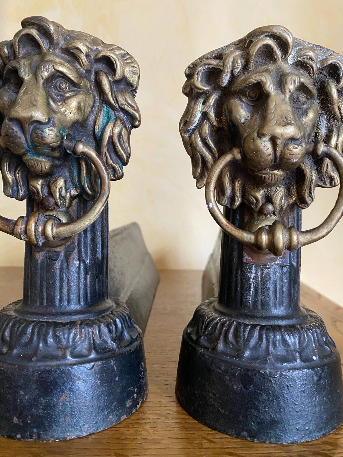 Pair of antique fire dogs with lion heads - patinated cast iron
