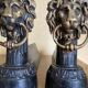 Pair of antique fire dogs with lion heads - patinated cast iron