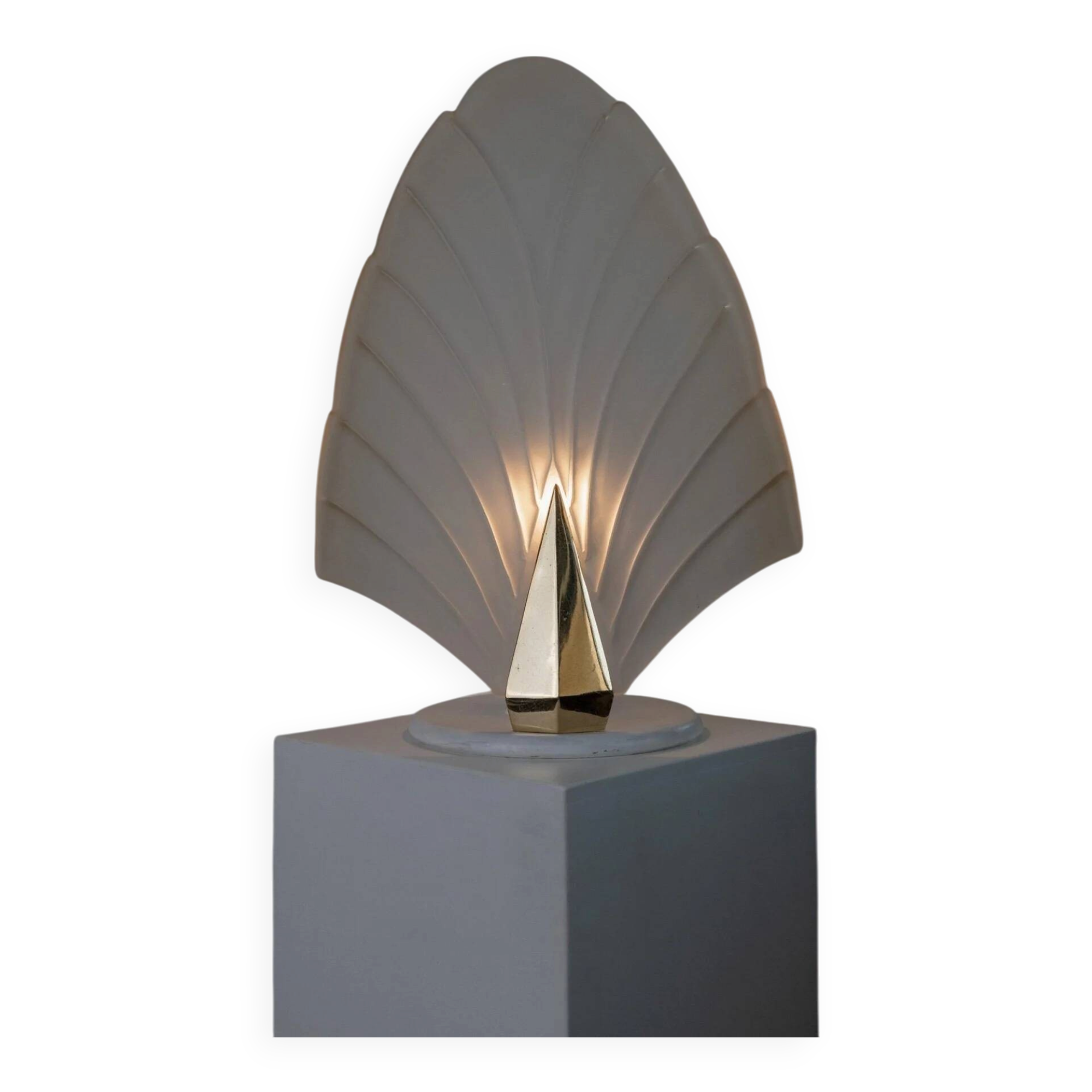 Large vintage Murano glass table lamp – leaf-shaped glass – white, gold metal base – Italy 1980s