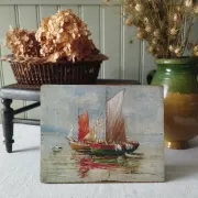 Fishing boats on calm sea. oil painting signed p. volotchenko.