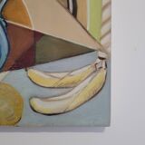 Old Painting Cubist Still Life With Apples And Bananas 20th Century