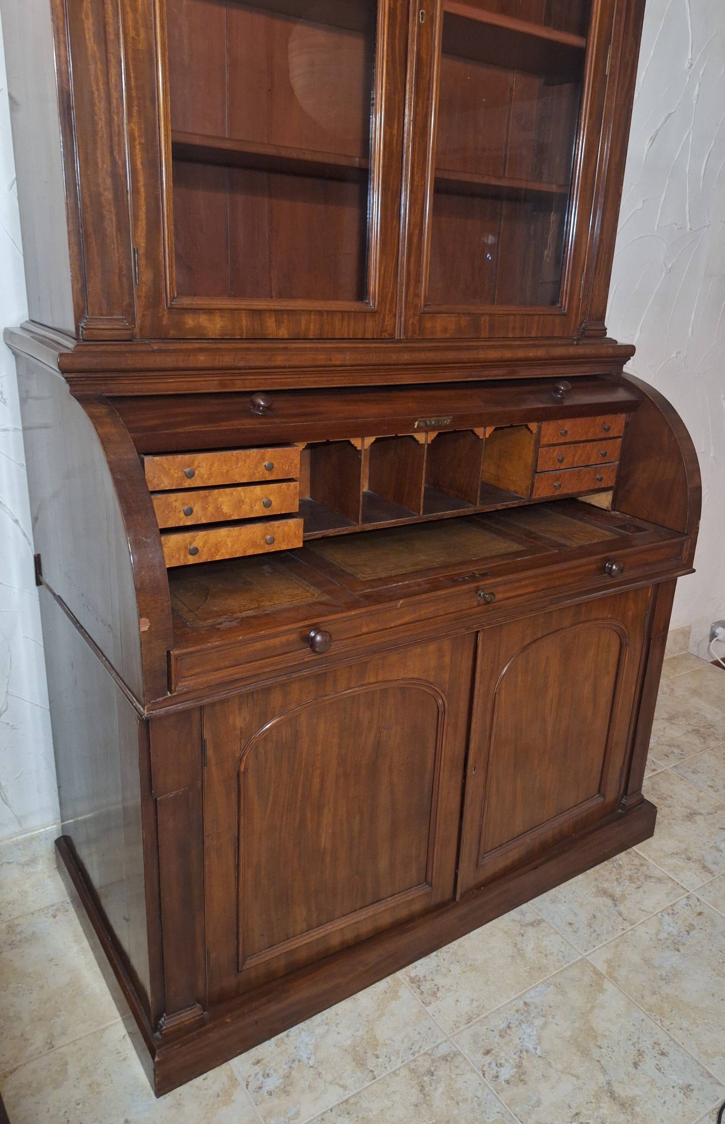 Desk, English writing desk with glass-fronted bookcase