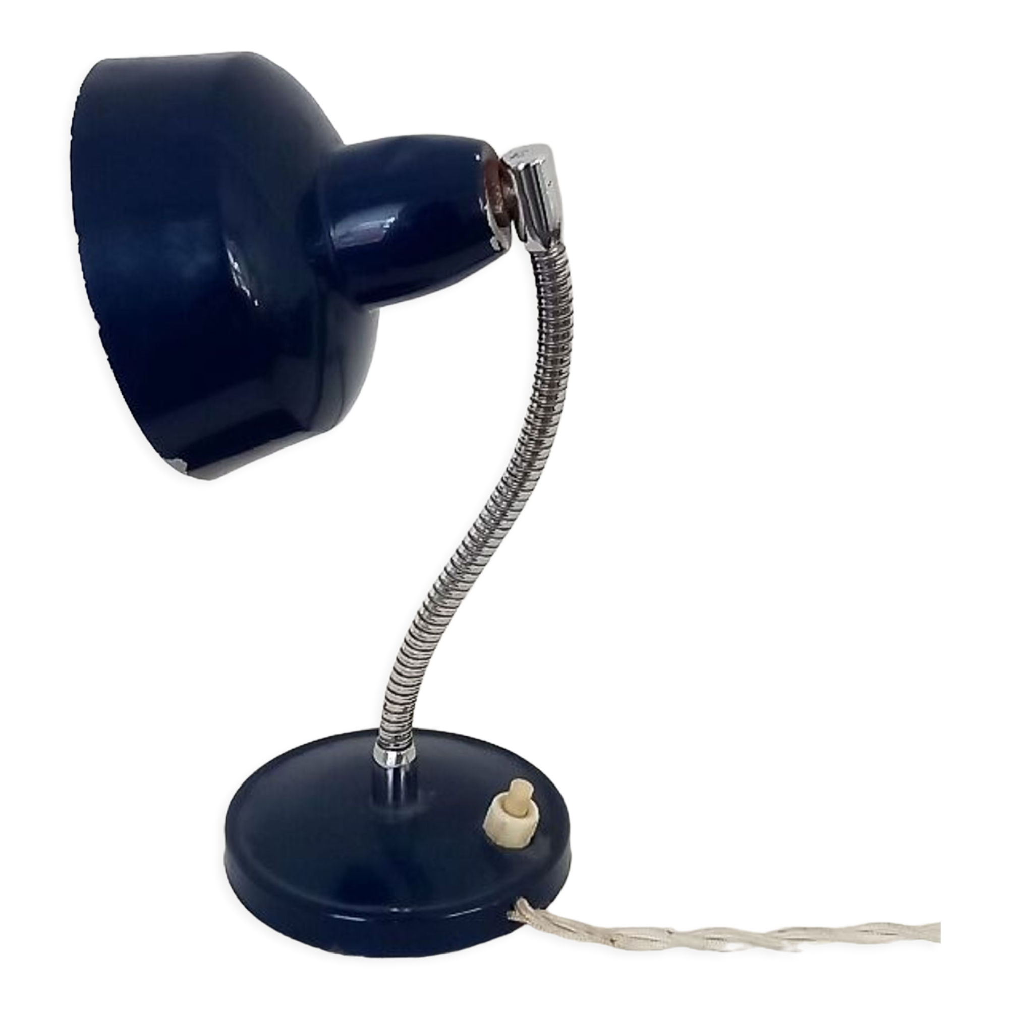Flexible bedside lamp in blue lacquered sheet metal and stainless steel, edition of the 70s.