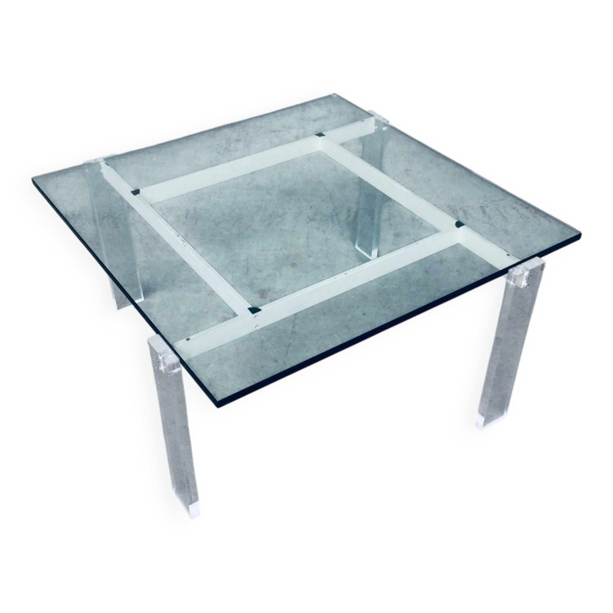 Danish Poul Kjaerholm Style Metal, Acrylic Glass & Glass Coffee Table, 1960s