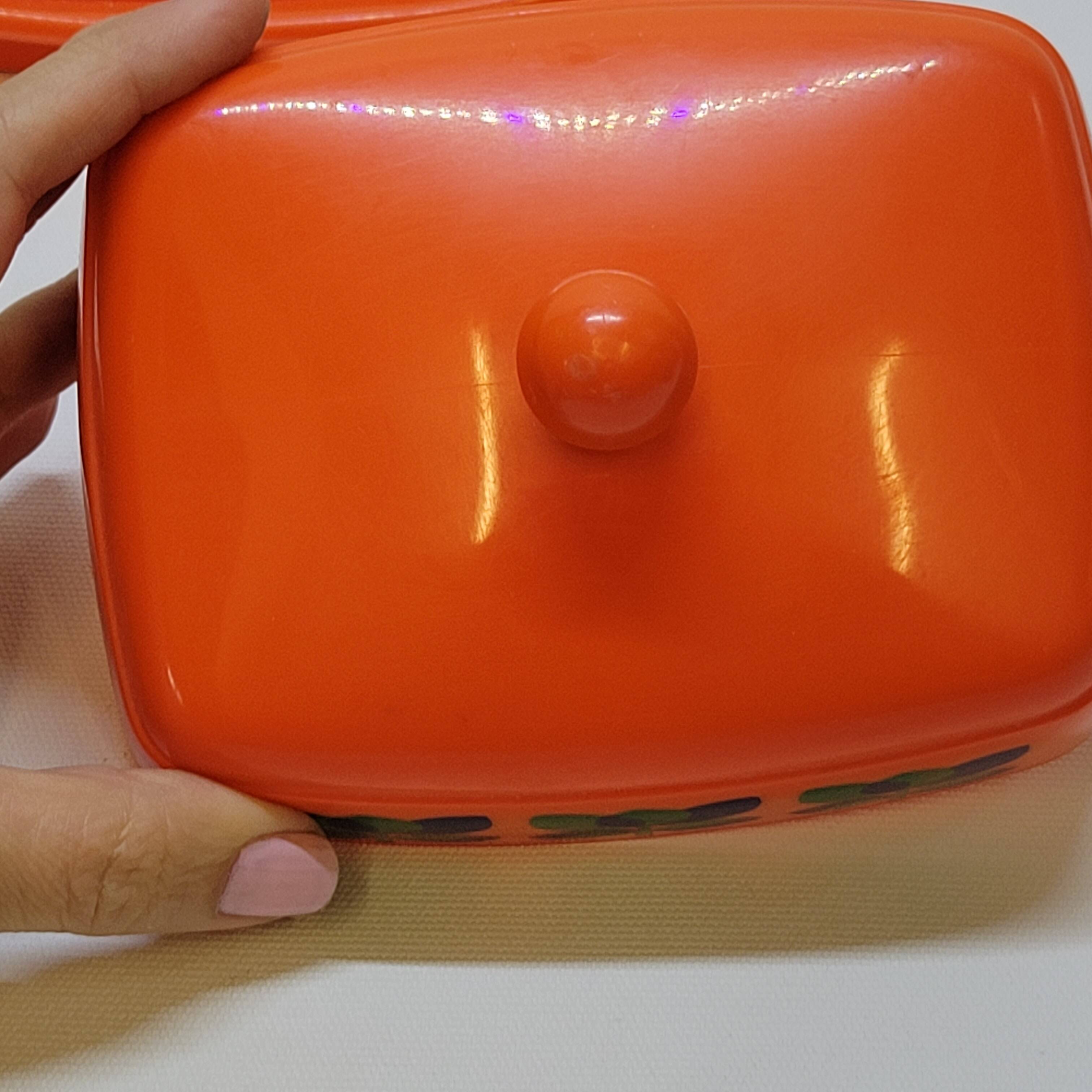 Emsa butter dish in orange plastic and vintage flowers 1970s