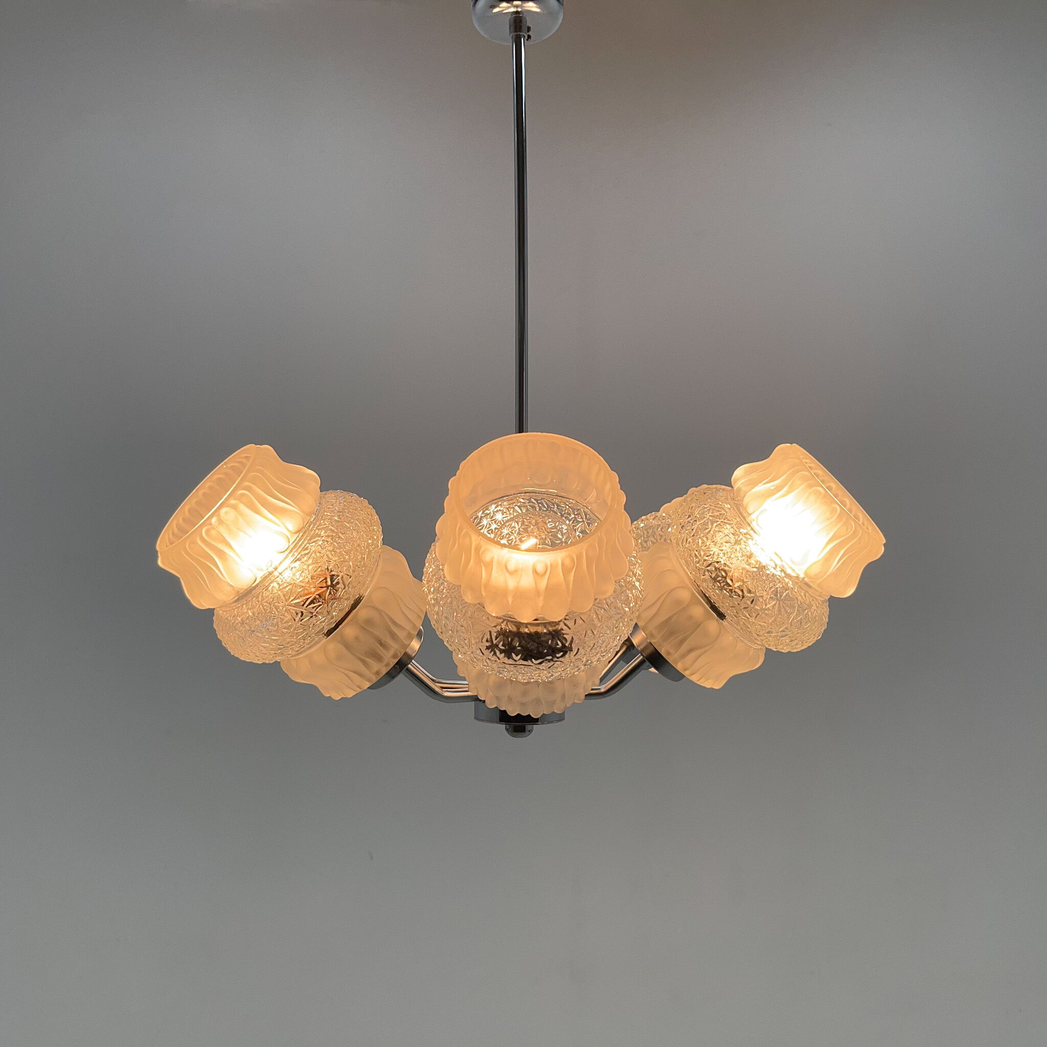 Mid-century glass & chrome chandelier, 1970's