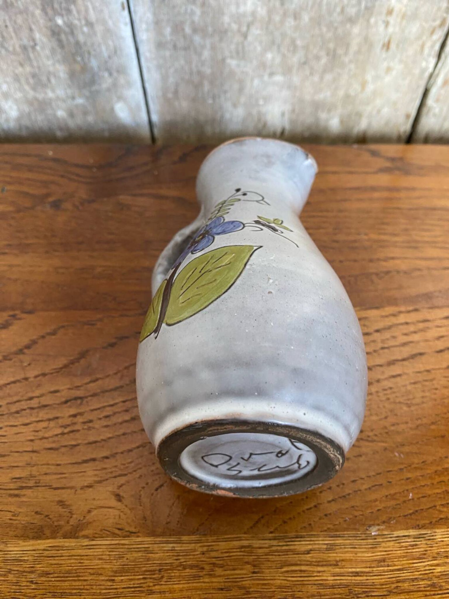 Antique grey enameled terracotta pitcher flower decor vintage kitchen