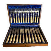 Box of 24 ivory and engraved silver metal cutlery - 19th century