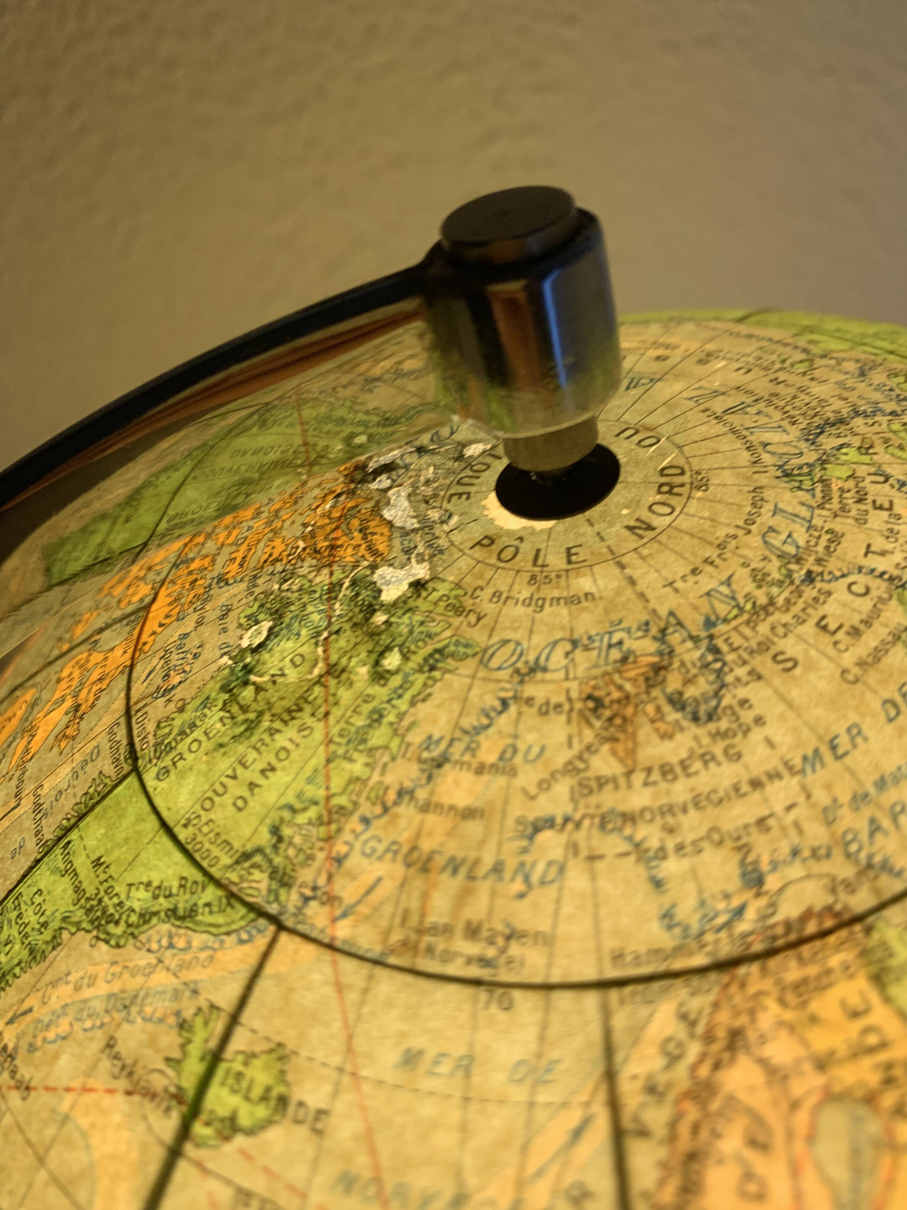 Vintage 1960s Perrina glass globe, green lacquered, world map - 33 cm