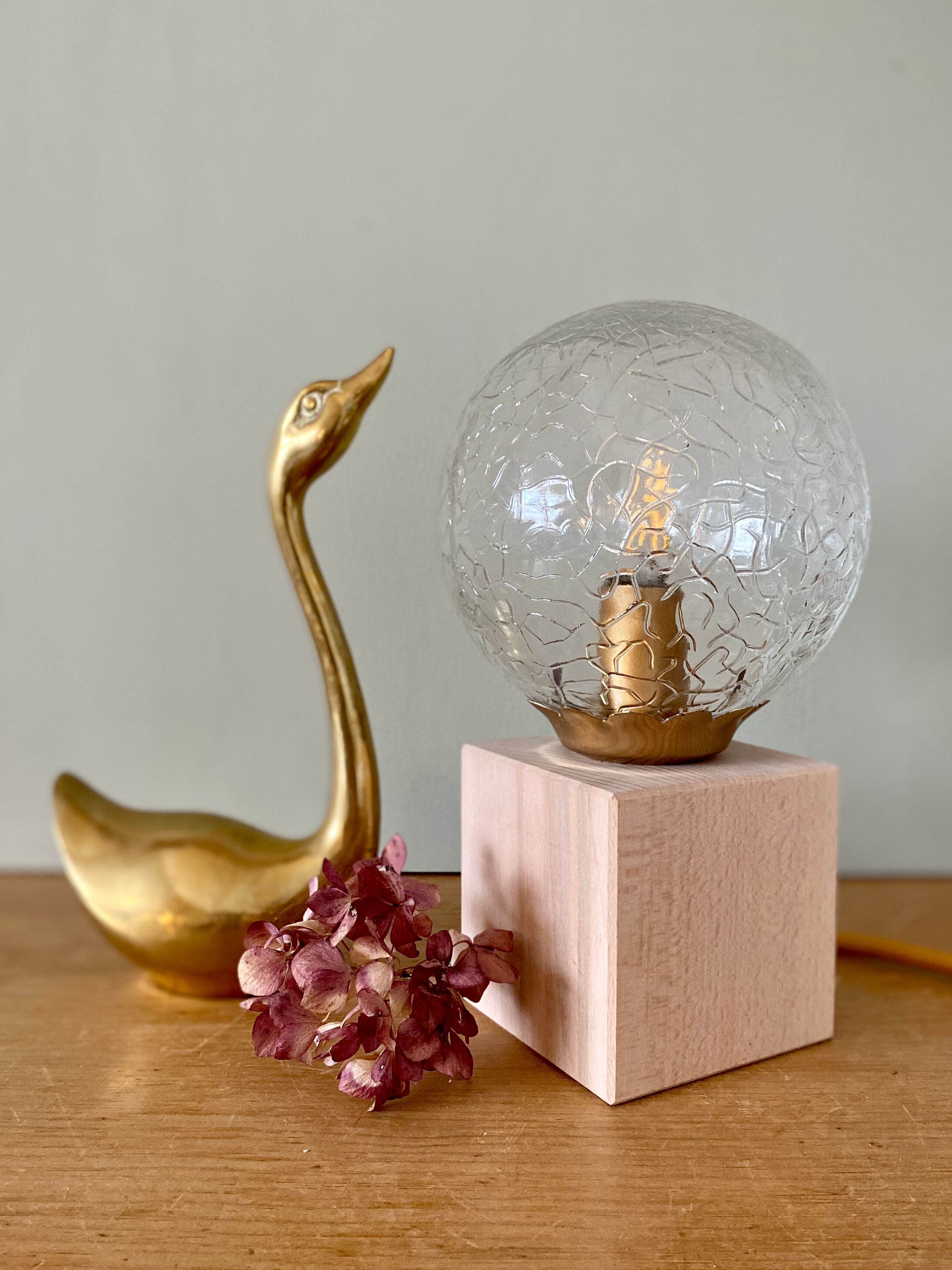 Vintage glass globe table lamp and wooden foot