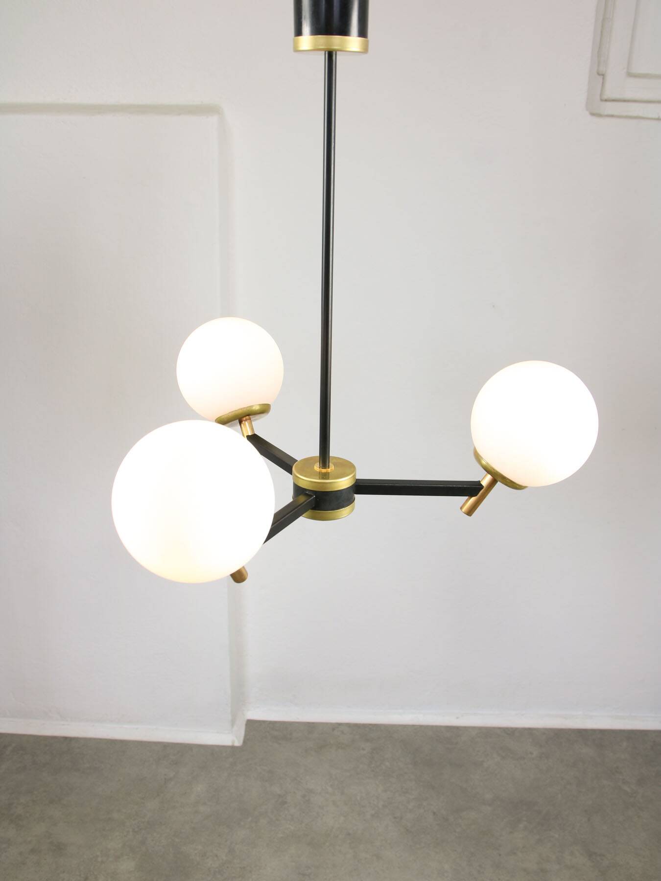 Mid-century italian brass and opaline chandelier