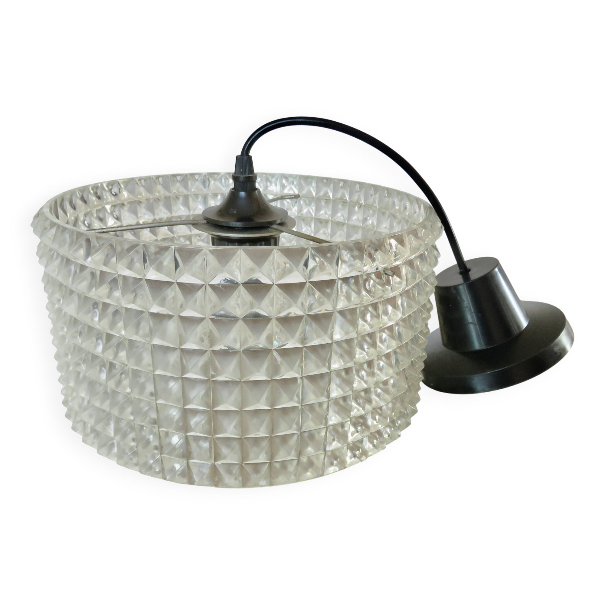 Clear plastic pendant light, diamond point shape, 70s