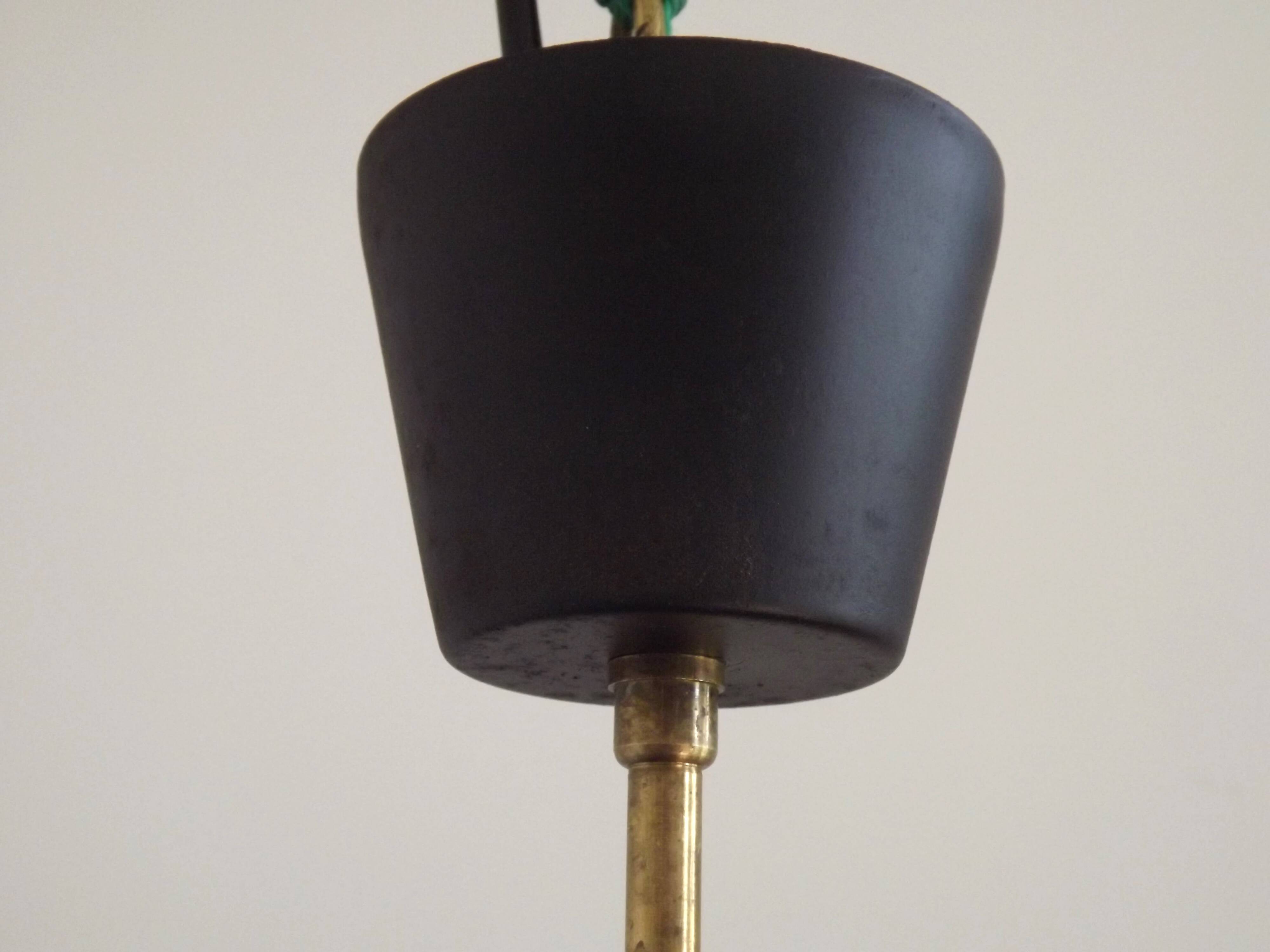 French Vintage 1950s Industrial Light In Black Metal White Enamal & Brass
