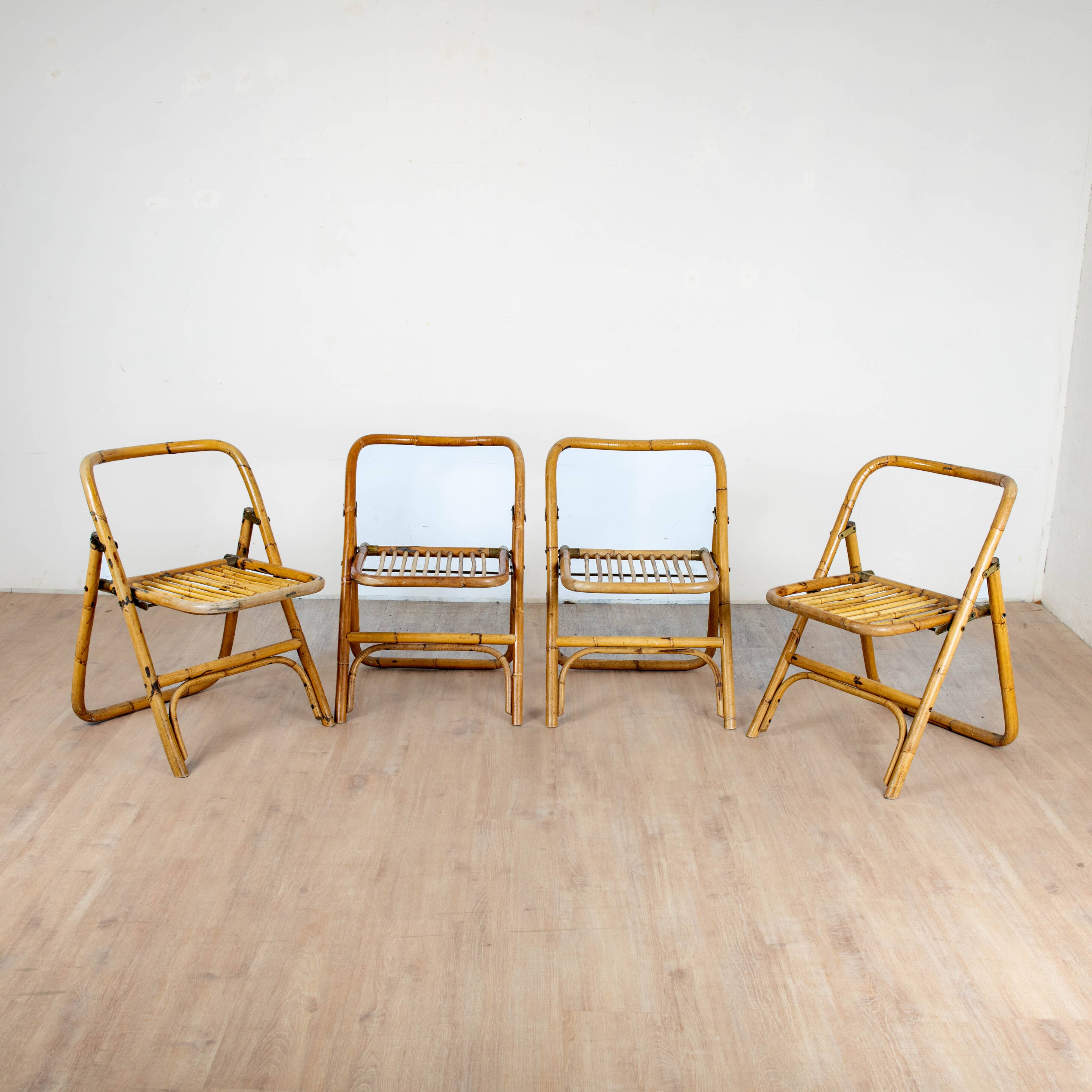 4 folding chairs in bamboo, rattan and brass, Italy, 1970