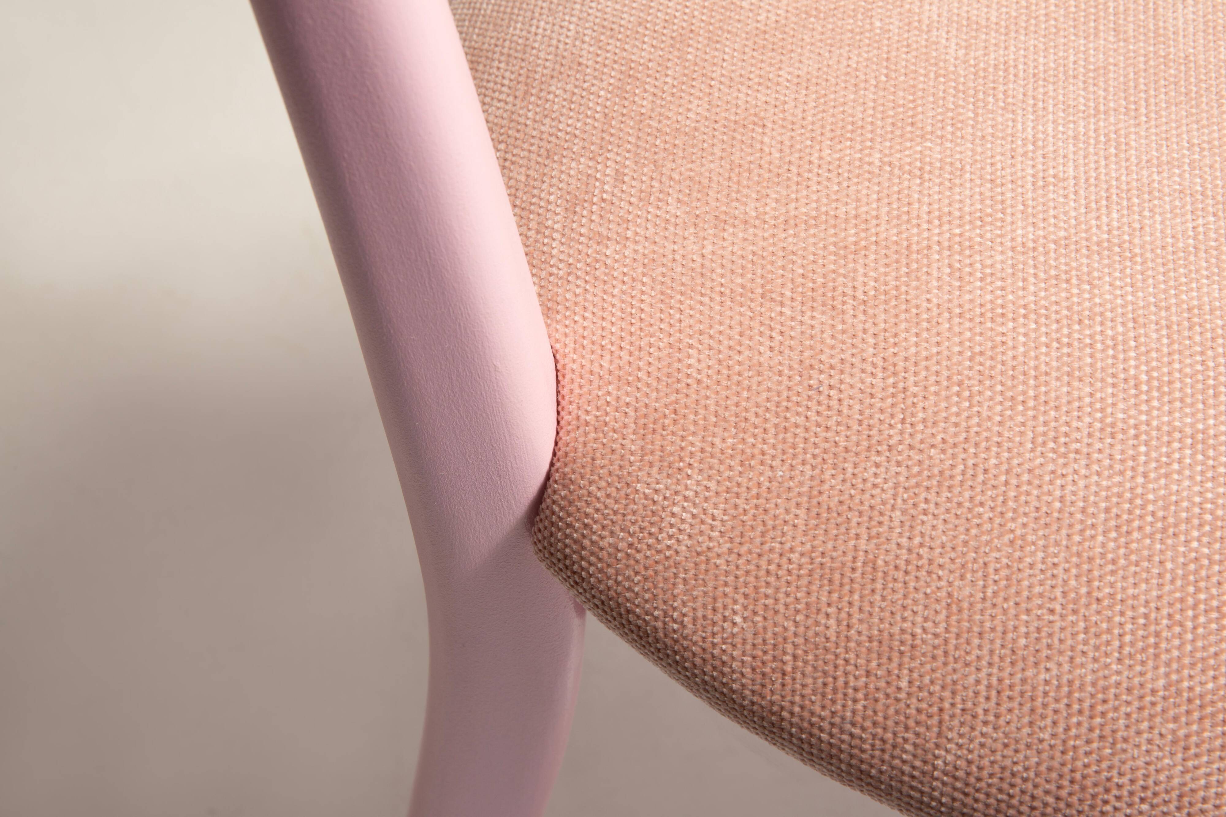 Mid-century heart-shaped chair, light pink chenille fabric, painted pink wood, Europe, 1960s.