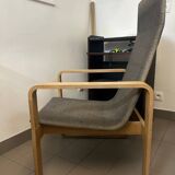 Armchair in curved wood and gray fabric