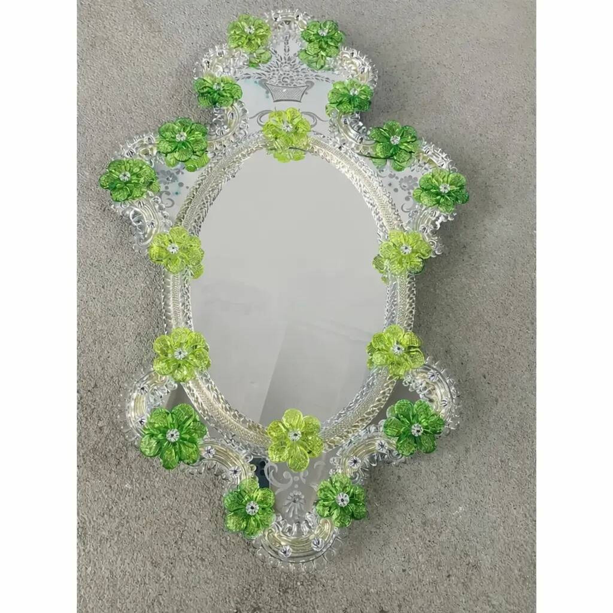 Venetian Oval Green Floral Hand-Carved Mirror – Italian 2000s Murano Glass