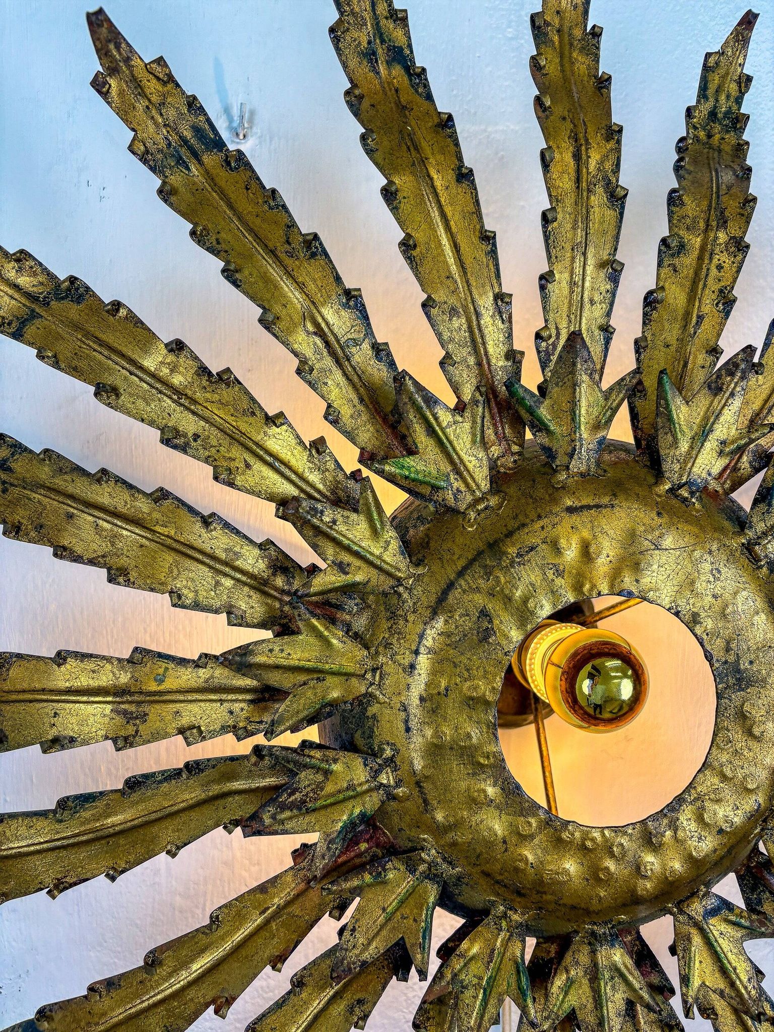 Large French sunburst flower leafed light fixture in gilt metal, 1960s